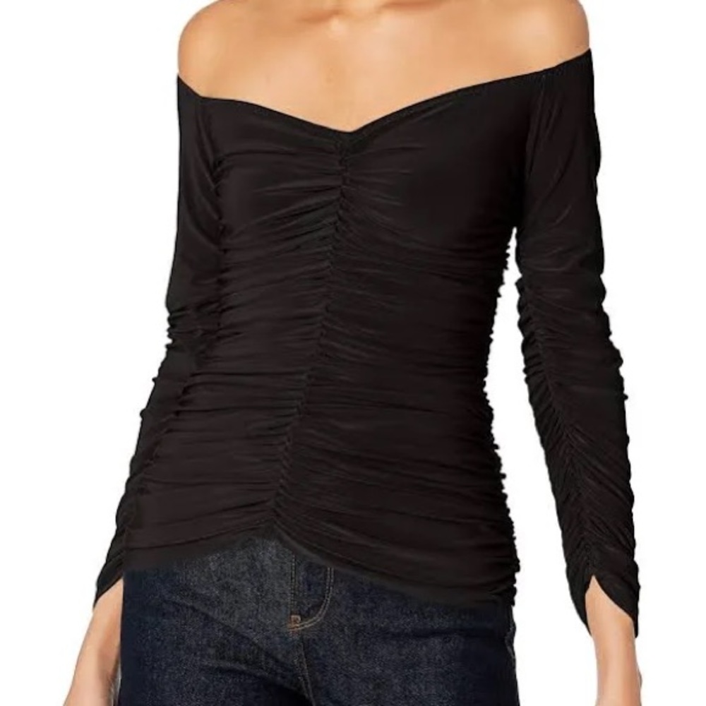 Norma Kamali Black Off-Shoulder Ruched Long Sleeve Top